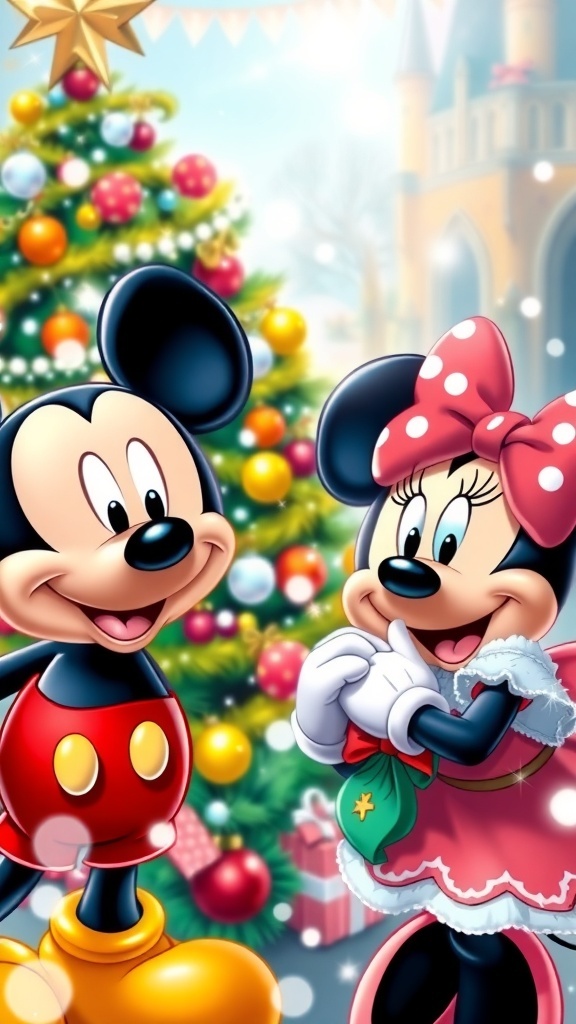 Disney Christmas background with Mickey and Minnie Mouse, snowflakes, and a Christmas tree.